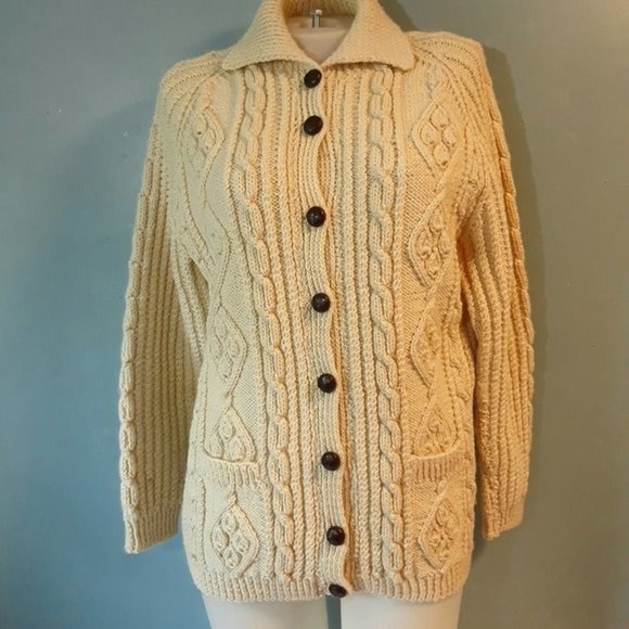 Vintage Irish Traditional Hand Knit Cardigan with Cables, Buttons, Pockets - Picture 1 of 8